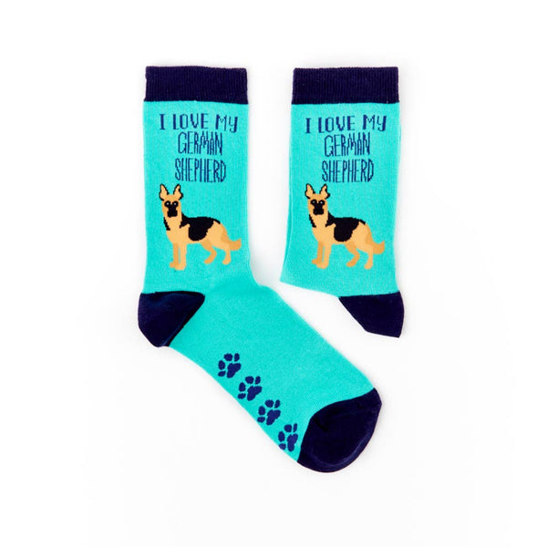 pair of I Love My German Shepherd novelty socks laid flat showing full design