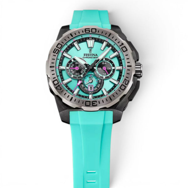 Angled view of Festina Chrono Bike 2025 watch with blue rubber strap and stainless steel case
