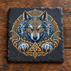 Fenrir Norse wolf design with blue fur, golden eyes and intricate Celtic knotwork printed on a natural black slate coaster