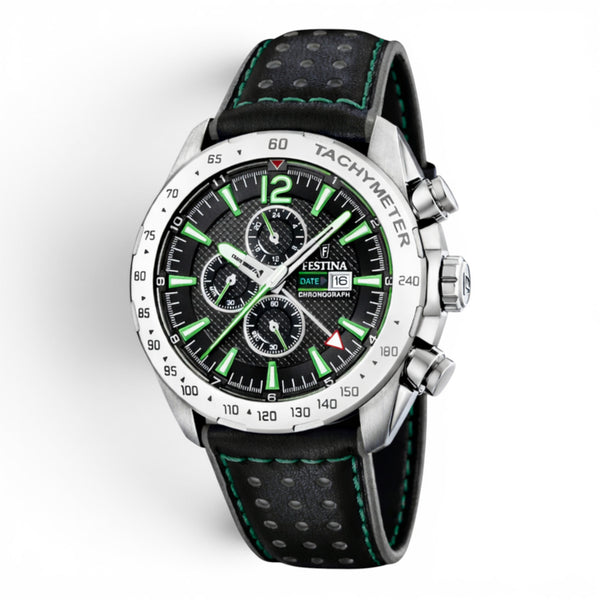 Festina men’s chronograph watch with black dial, green detailing, black leather strap and stainless steel case