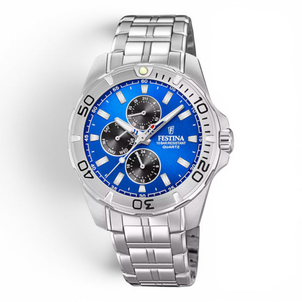 Festina men's multifunction watch with blue dial, stainless steel bracelet, three sub dials and silver case