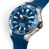 Angled view of Festina diver watch with blue dial and blue silicone strap