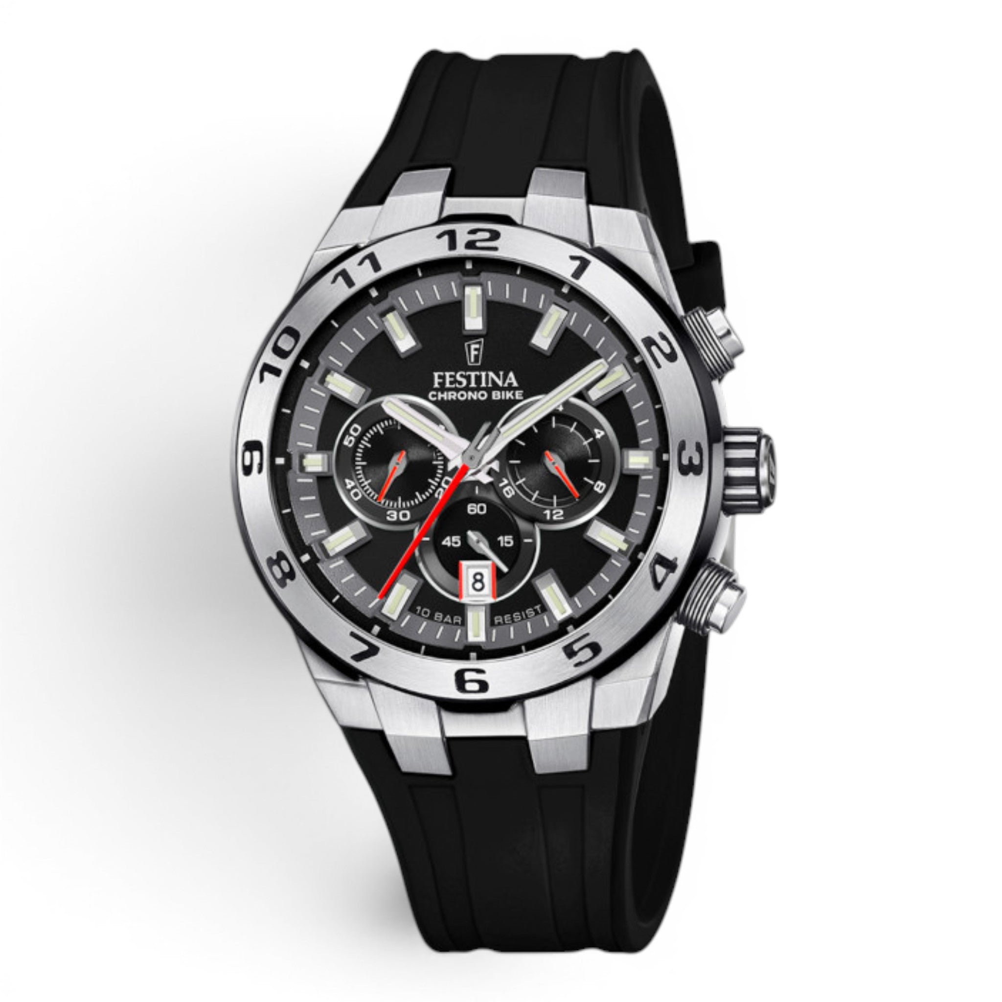 Festina Chrono Bike 2024 watch with black dial and black rubber strap on a white background