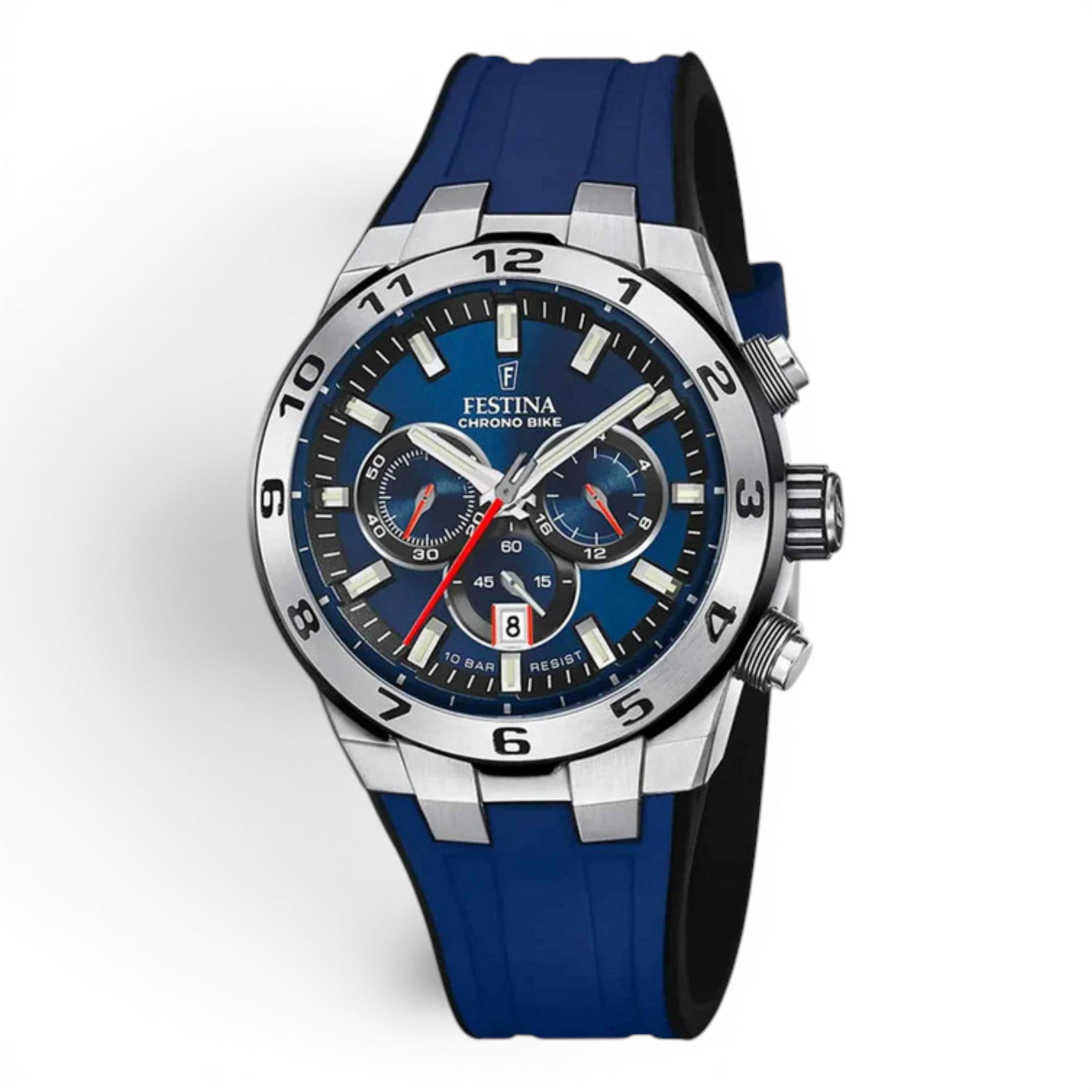 Festina Chrono Bike 2024 watch with blue dial and blue rubber strap on a white background