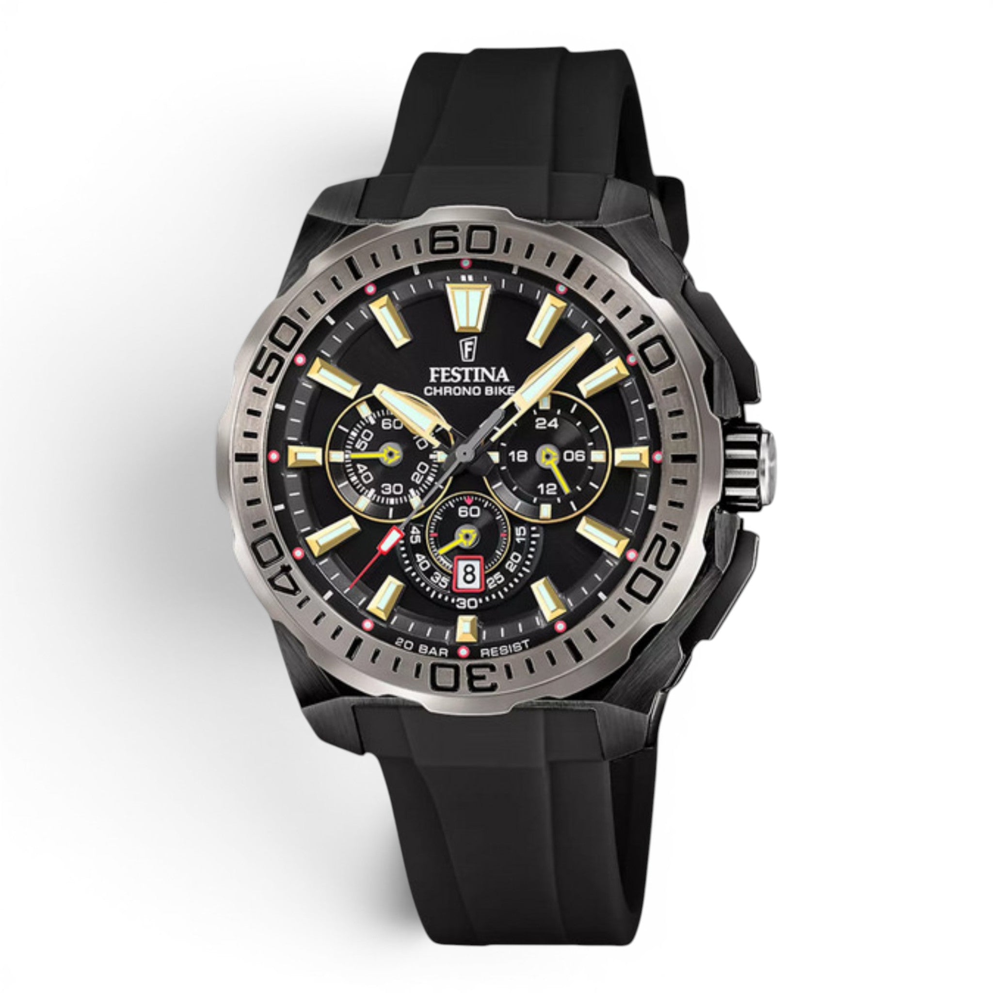 Festina Chrono Bike 2025 chronograph watch with black rubber strap and stainless steel case on white background