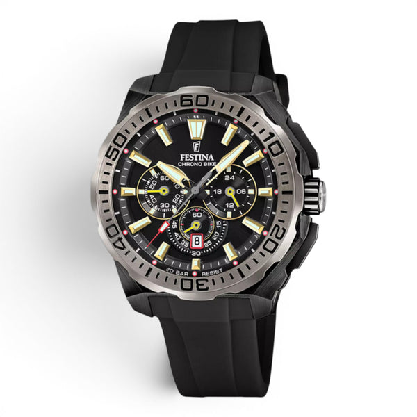 Festina Chrono Bike 2025 chronograph watch with black rubber strap and stainless steel case on white background