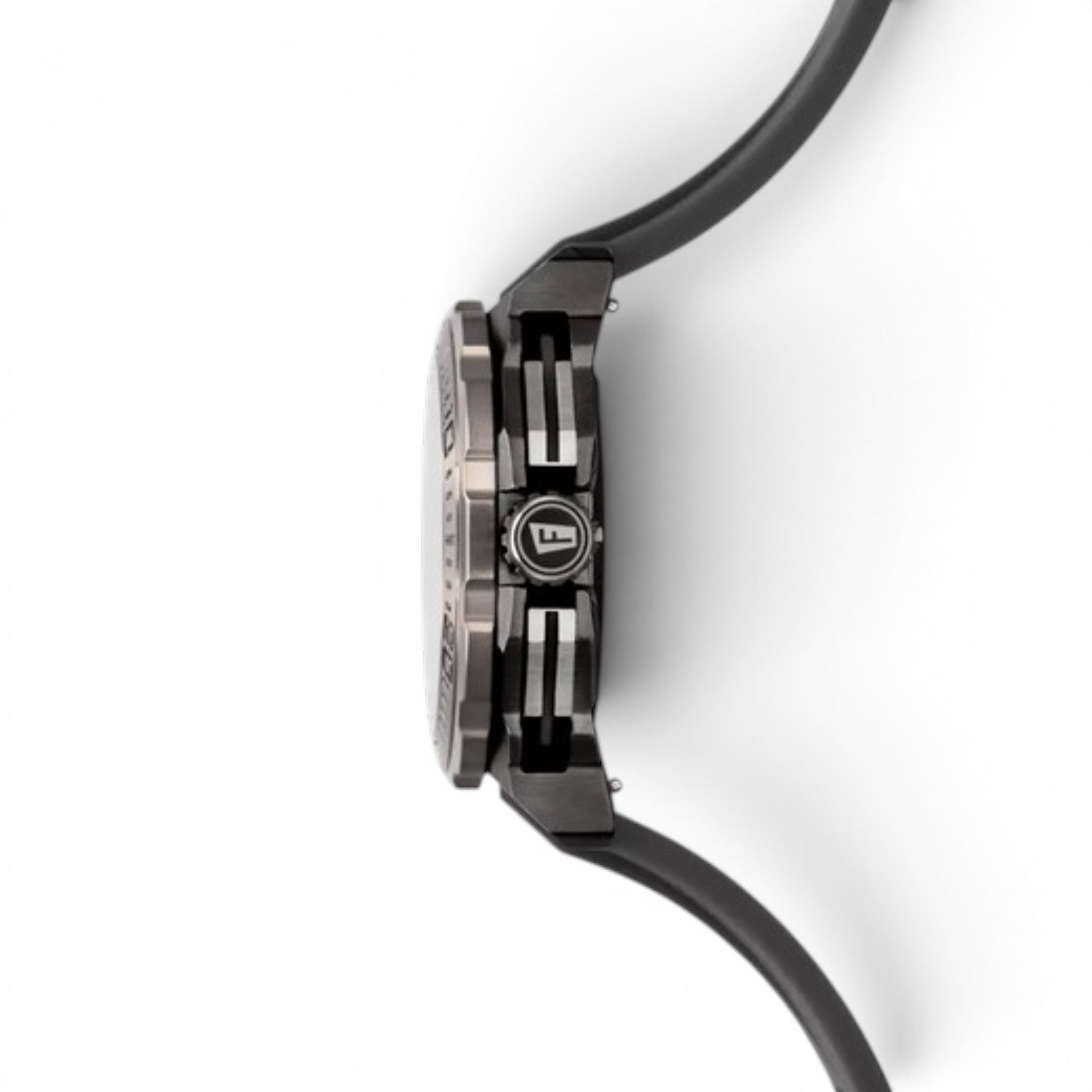 Side profile of Festina Chrono Bike 2025 watch with black rubber strap and stainless steel case