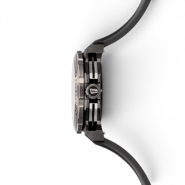 Side profile of Festina Chrono Bike 2025 watch with black rubber strap and stainless steel case