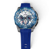 Angled front view of Festina Chrono Bike 2025 watch with blue rubber strap and stainless steel case