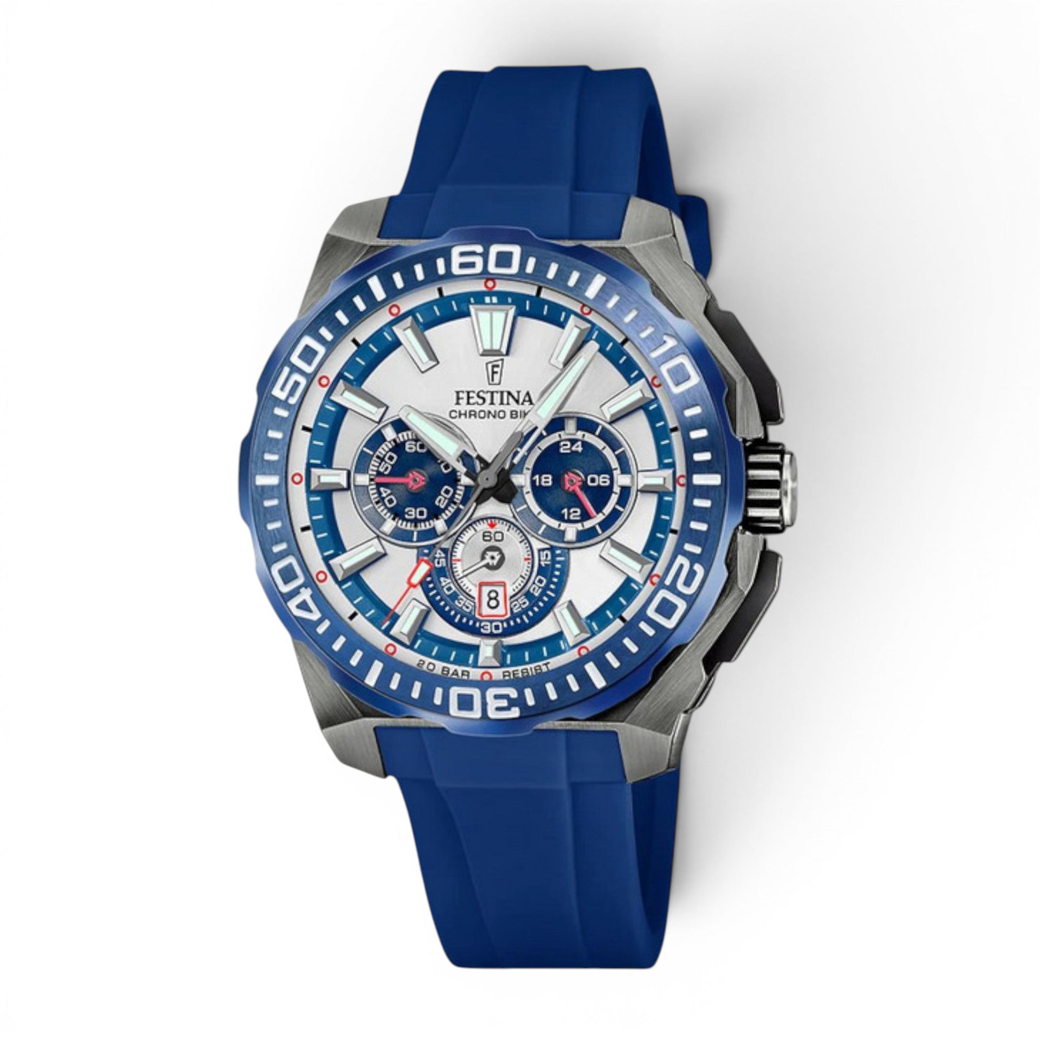 Festina Chrono Bike 2025 chronograph watch with blue rubber strap and white dial on white background
