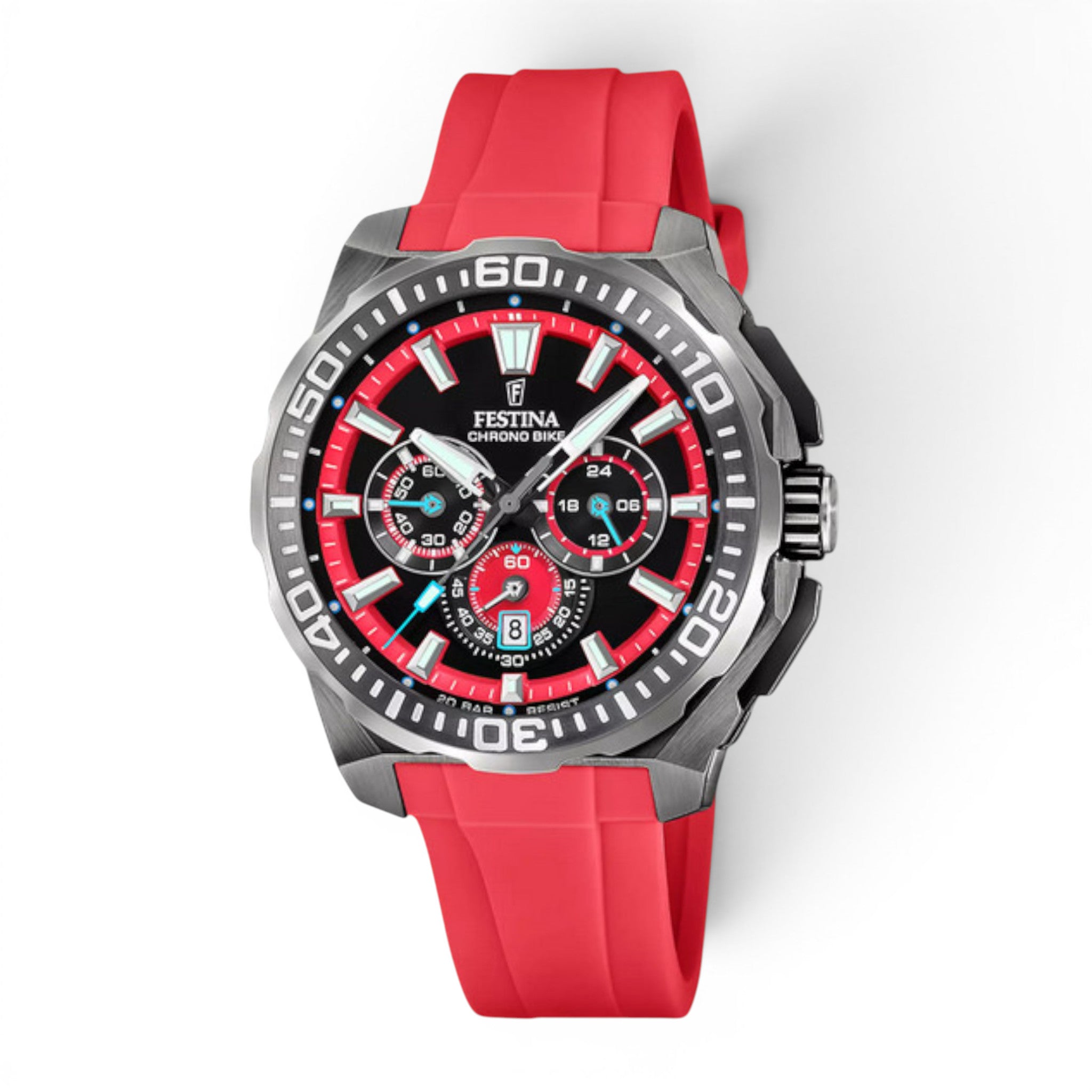 Festina Chrono Bike 2025 chronograph watch with red rubber strap and black dial on white background
