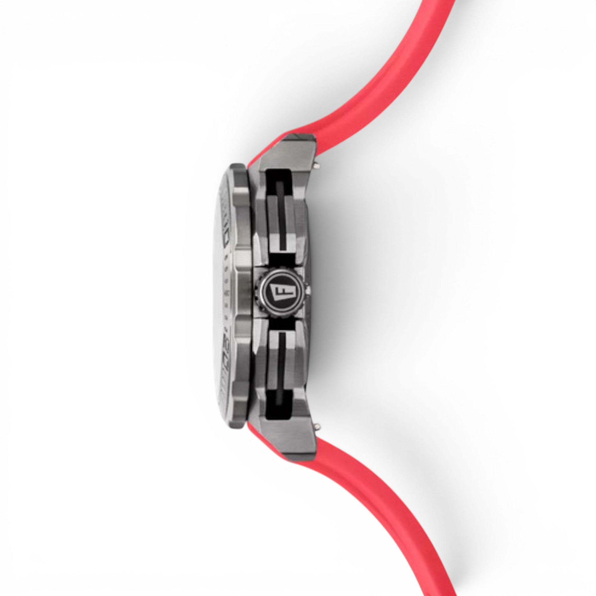 Side profile of Festina Chrono Bike 2025 watch with red rubber strap and stainless steel case