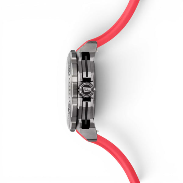 Side profile of Festina Chrono Bike 2025 watch with red rubber strap and stainless steel case