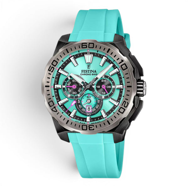 Festina Chrono Bike 2025 chronograph watch with blue rubber strap and silver dial on white background