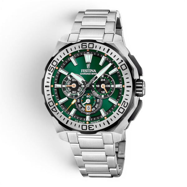 Festina Chrono Bike 2025 watch with green chronograph dial and stainless steel bracelet on a white background