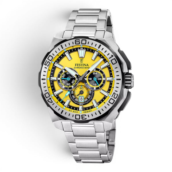 Festina Chrono Bike 2025 watch with yellow chronograph dial and stainless steel bracelet on a white background