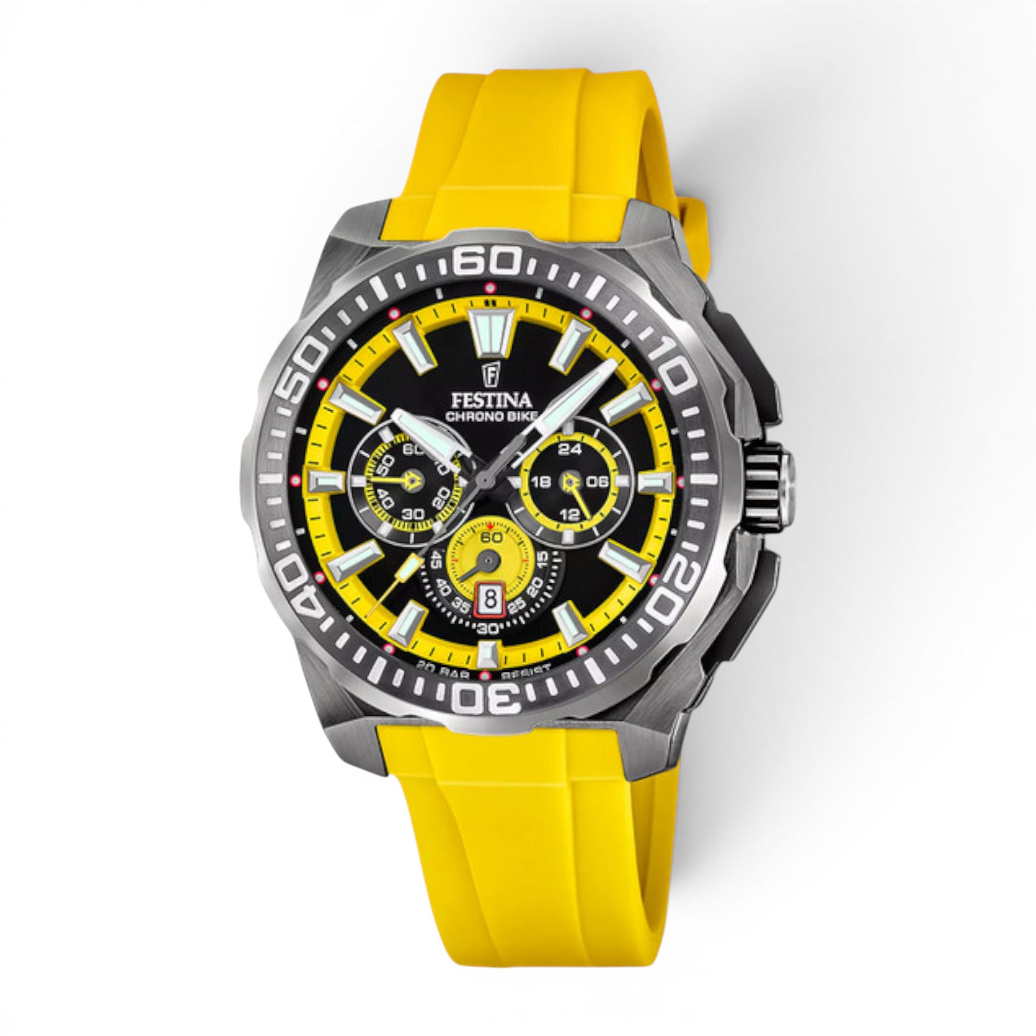 Festina Chrono Bike 2025 chronograph watch with yellow rubber strap and black dial on white background