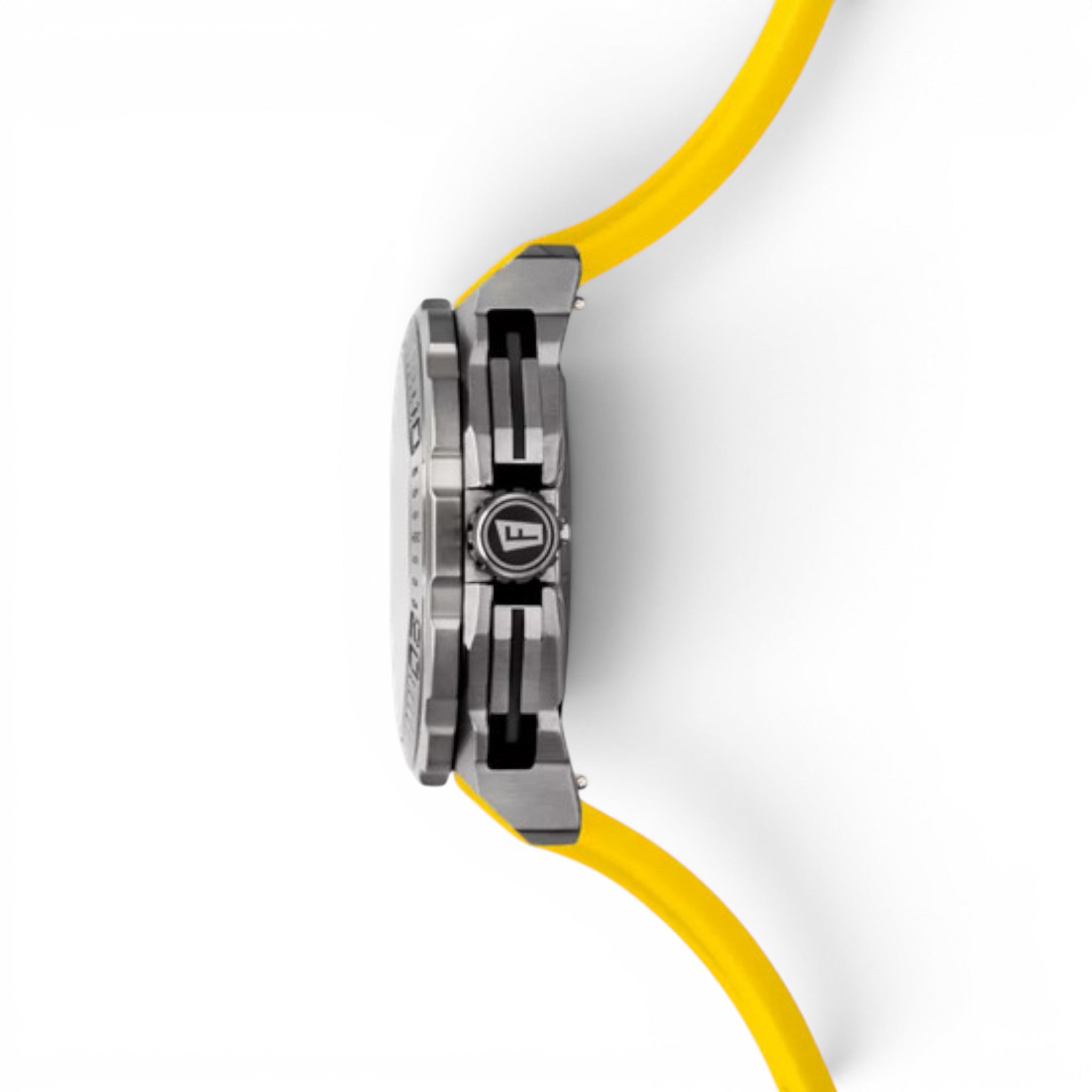 Side profile of Festina Chrono Bike 2025 watch with yellow rubber strap and stainless steel case
