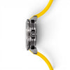 Side profile of Festina Chrono Bike 2025 watch with yellow rubber strap and stainless steel case
