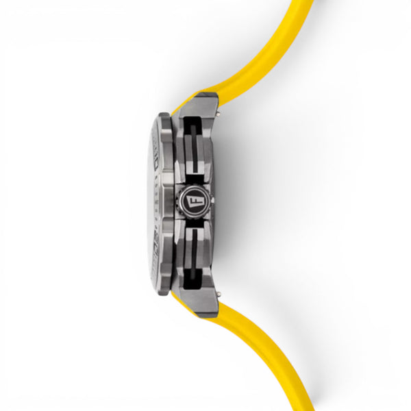 Side profile of Festina Chrono Bike 2025 watch with yellow rubber strap and stainless steel case