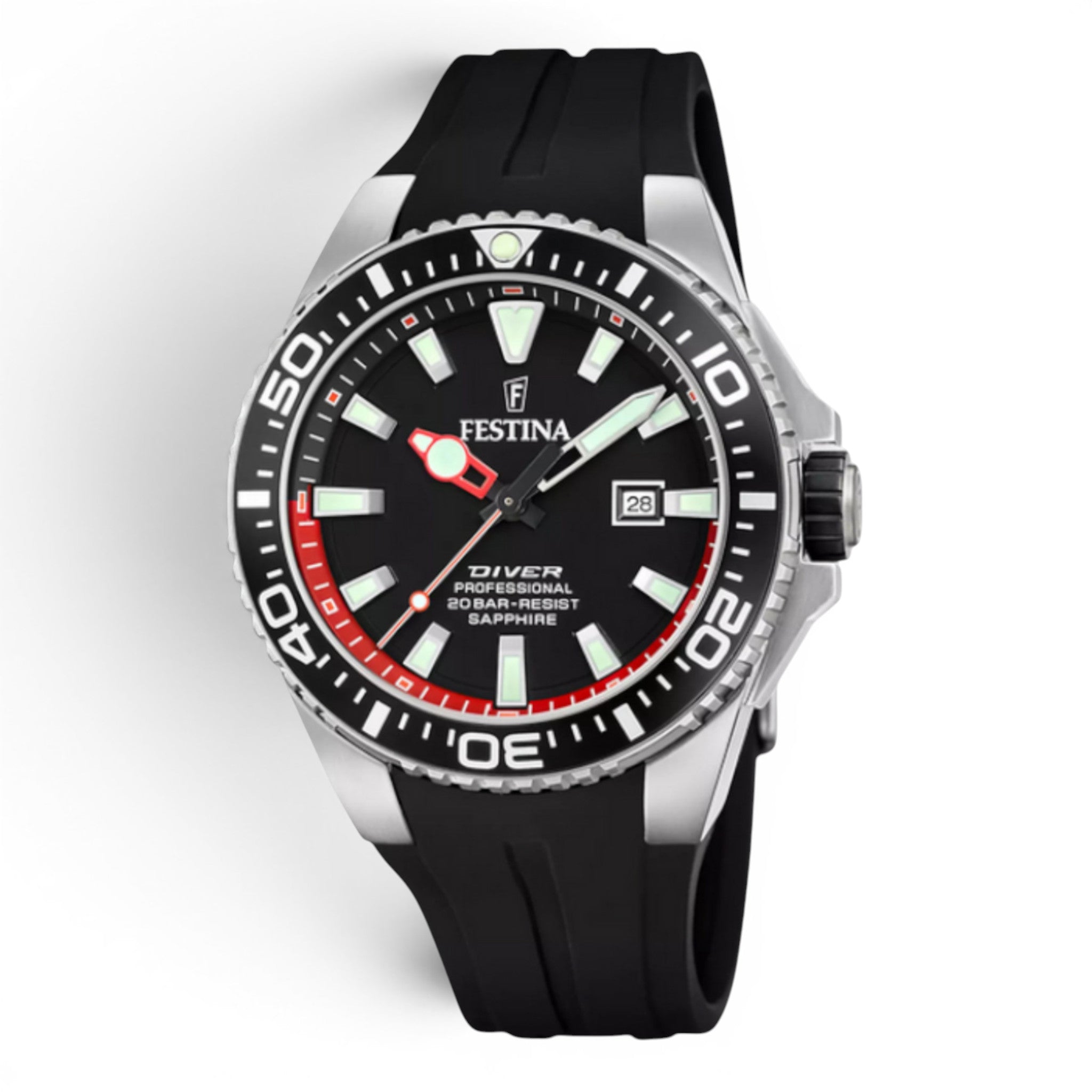 Festina diver watch with black dial and black silicone strap on a white background