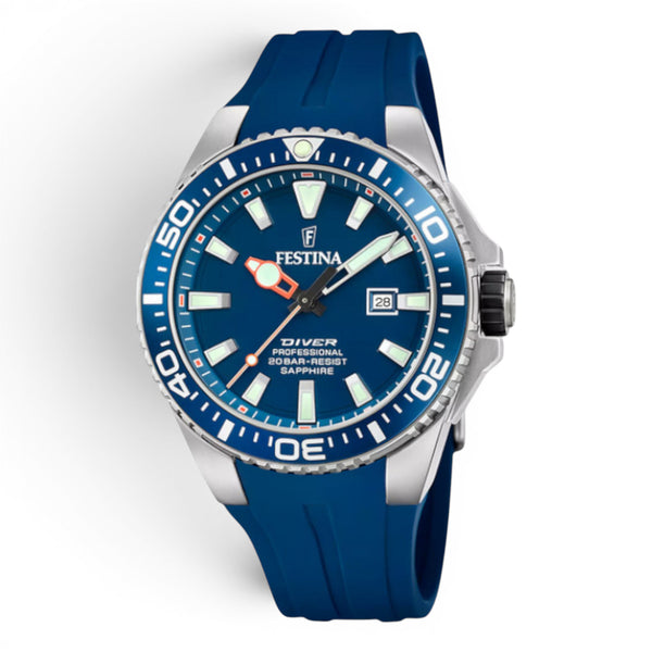 Festina diver watch with blue dial and blue silicone strap on a white background