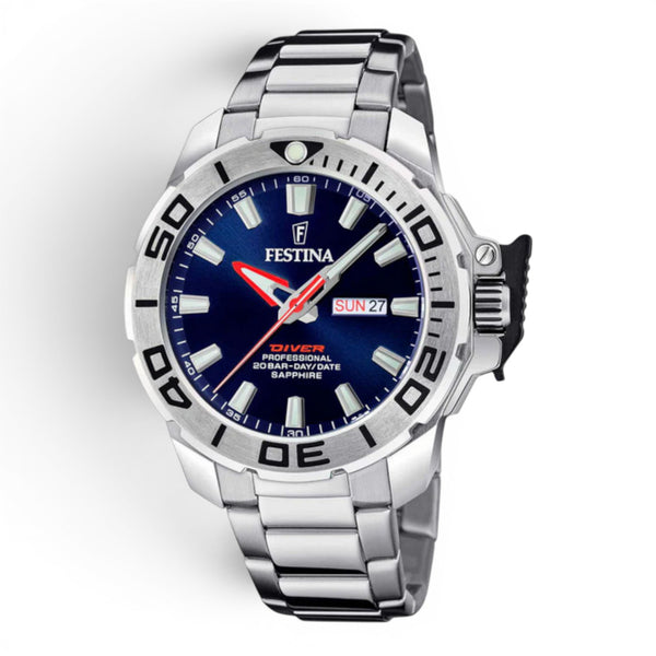 Festina diver watch with blue dial and stainless steel bracelet on a white background