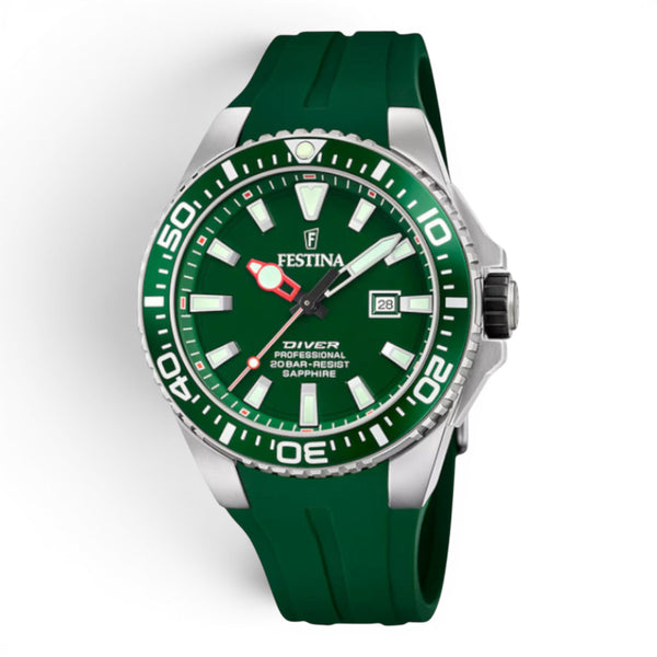 Festina diver watch with green dial and green silicone strap on a white background