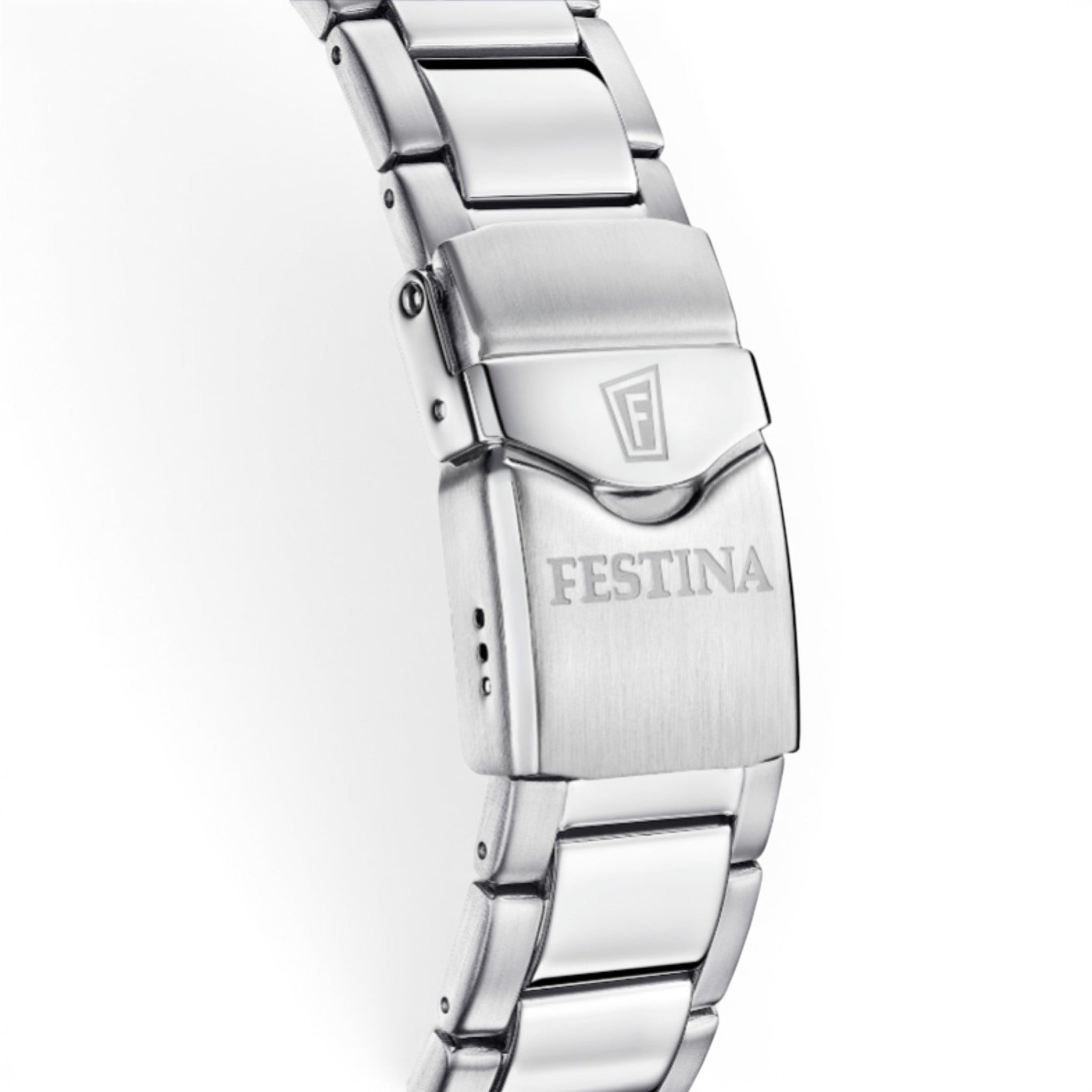 Close up detail of the stainless steel bracelet clasp on a Festina diver watch
