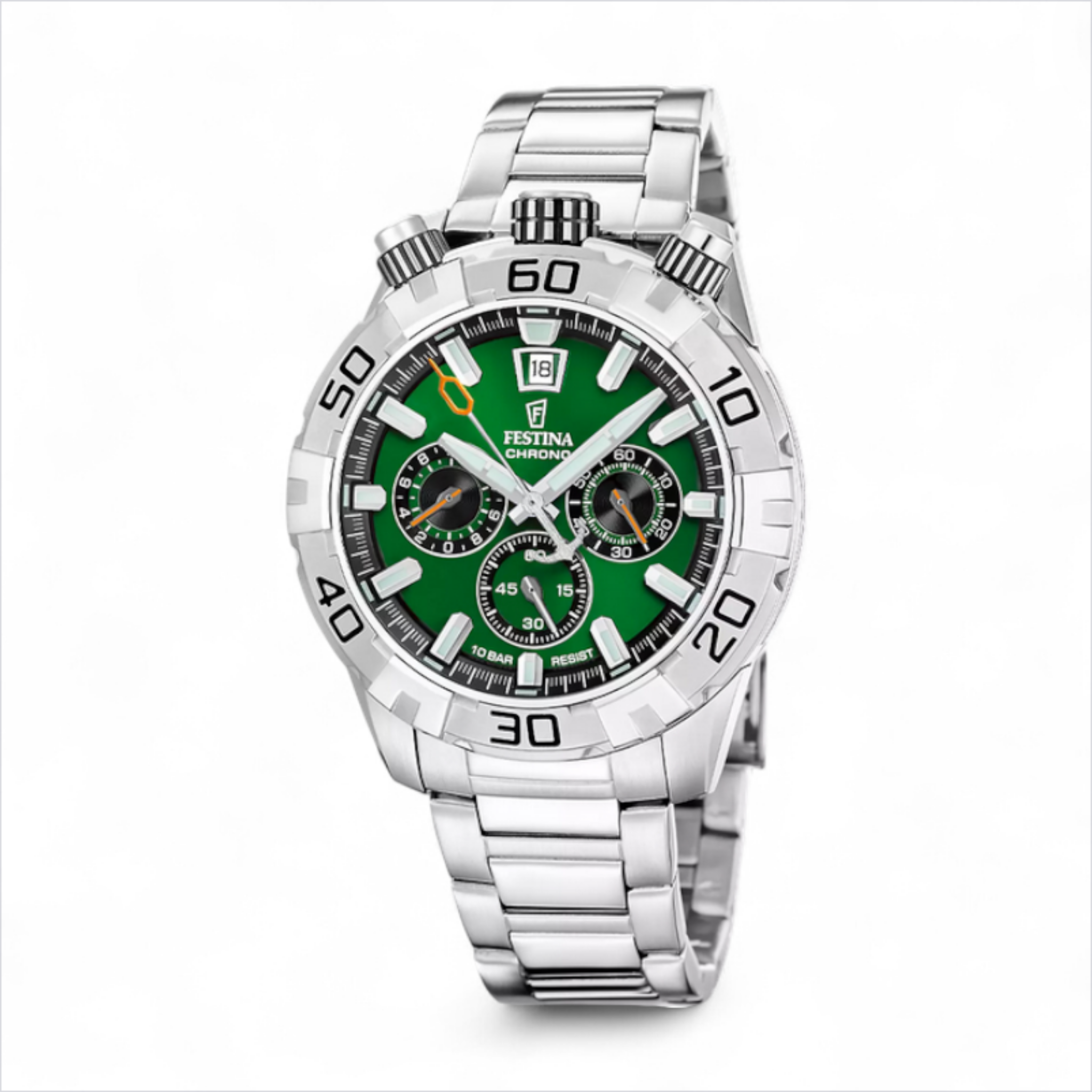 Festina Bullhead chronograph watch with green dial and stainless steel bracelet on a white background