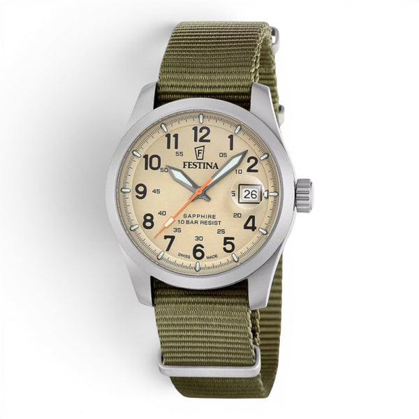 Festina Swiss Made field watch with beige dial and green NATO strap on a white background