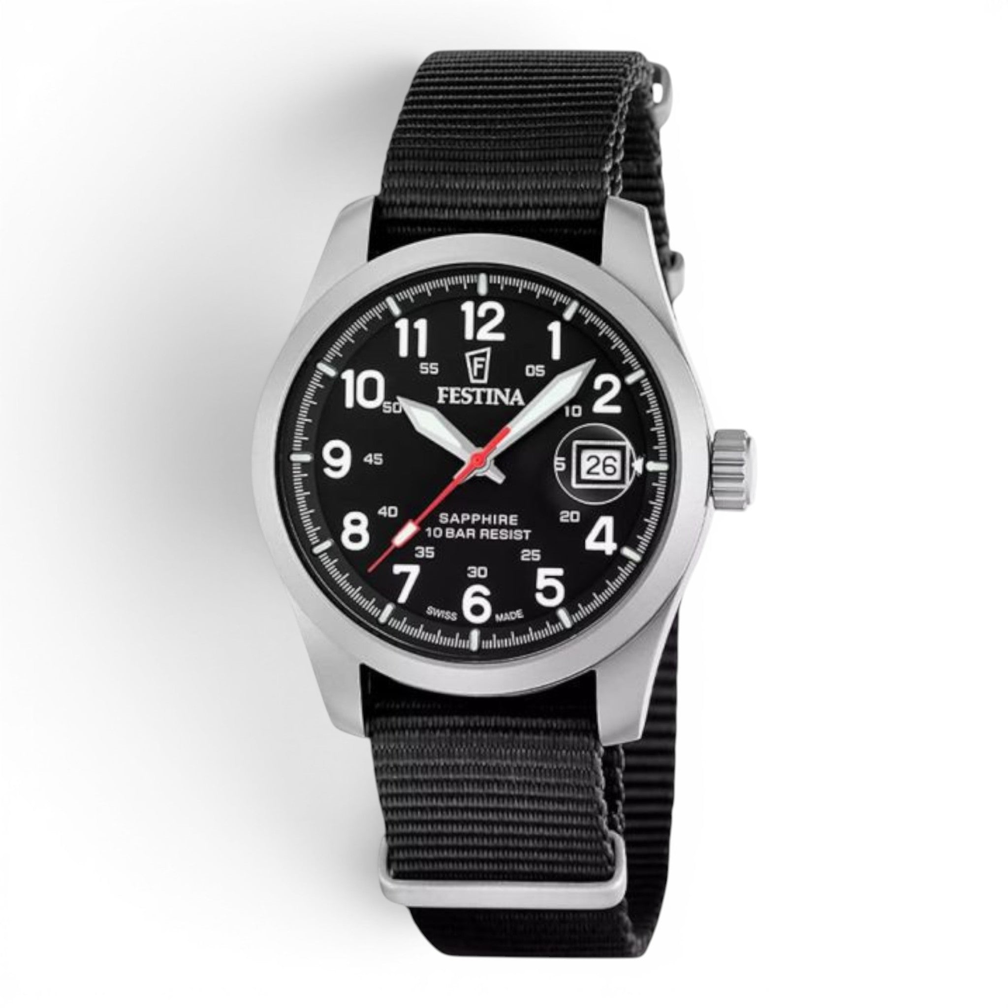 Festina Swiss Made field watch with black dial and black NATO strap on a white background