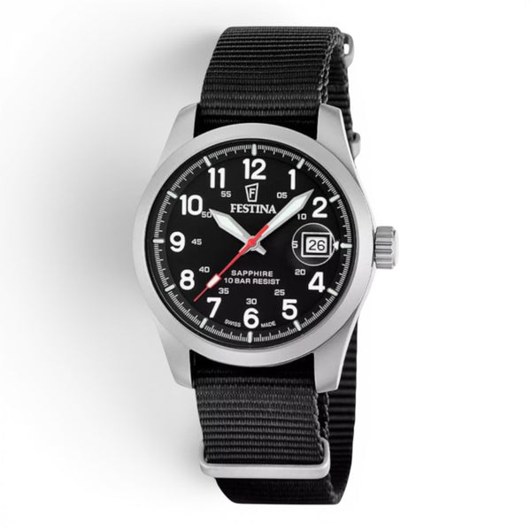 Festina Swiss Made field watch with black dial and black NATO strap on a white background