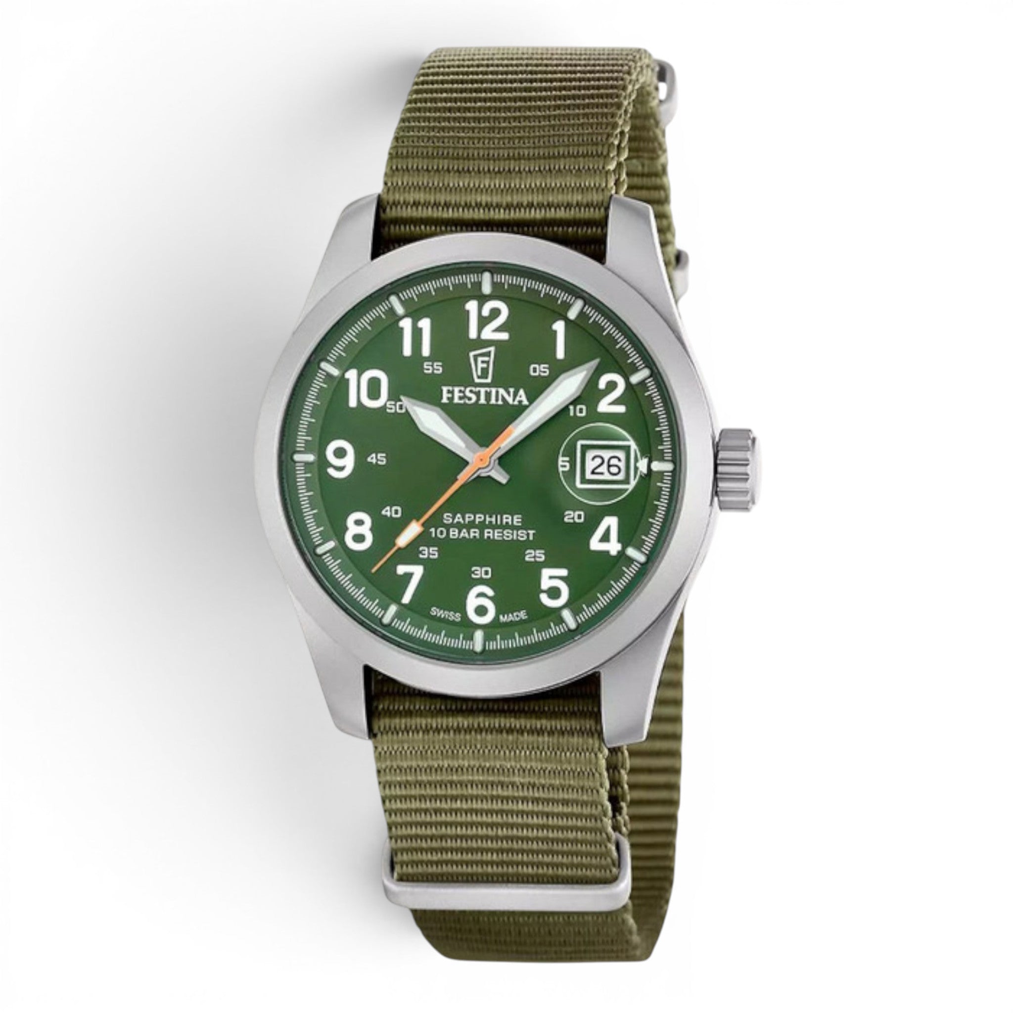 Festina Swiss Made field watch with green dial and green NATO strap on a white background