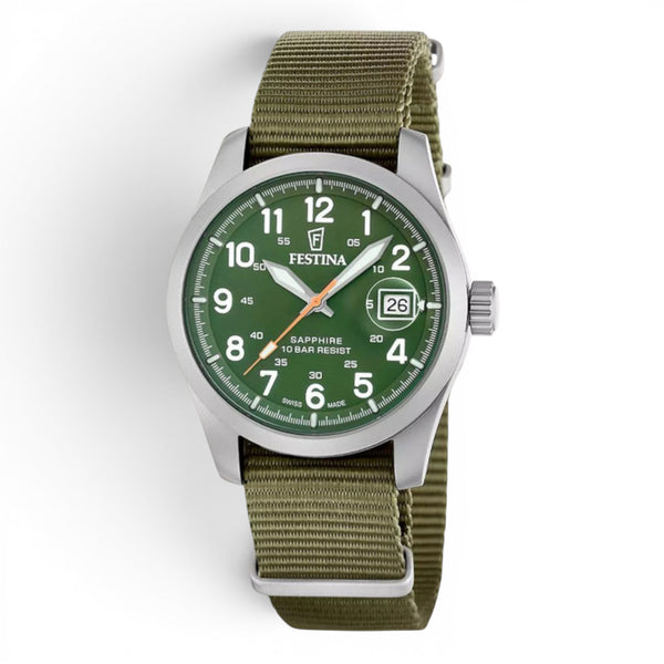 Festina Swiss Made field watch with green dial and green NATO strap on a white background