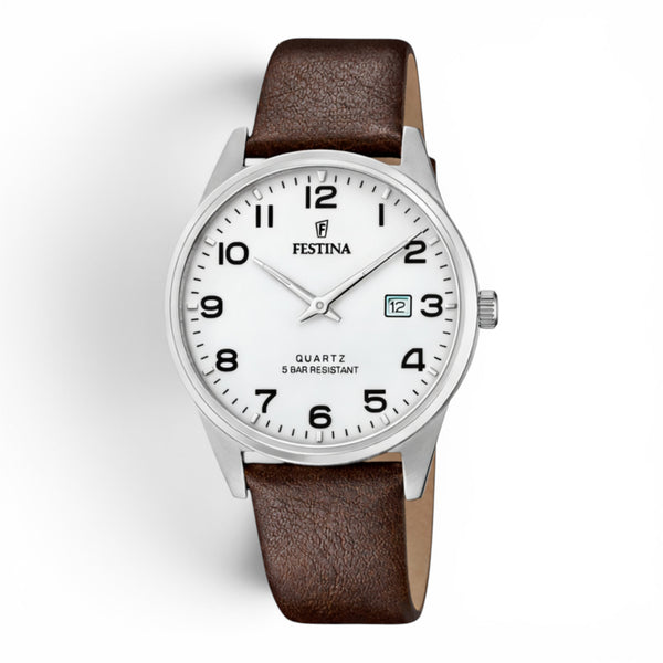 Festina men’s watch with white dial, brown leather strap and stainless steel case