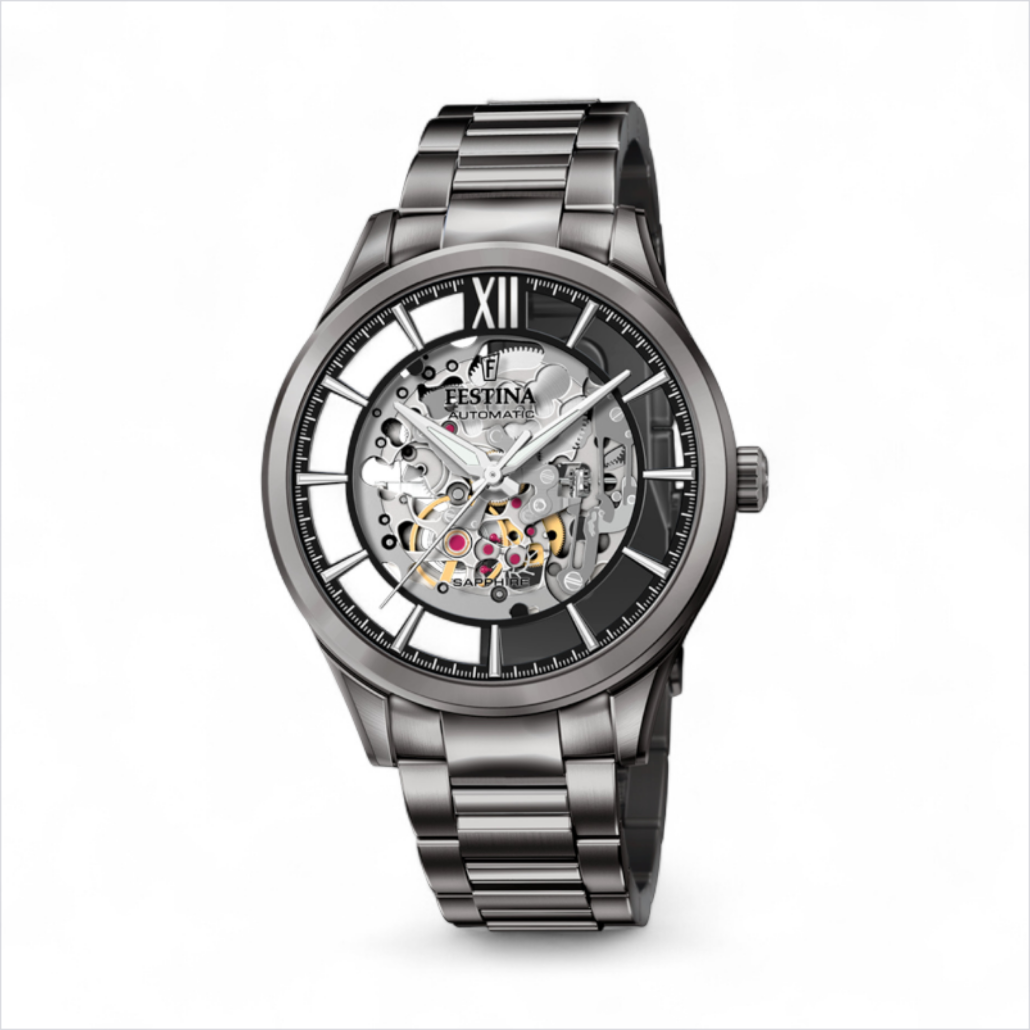 Festina men’s automatic skeleton watch with visible movement and stainless steel bracelet