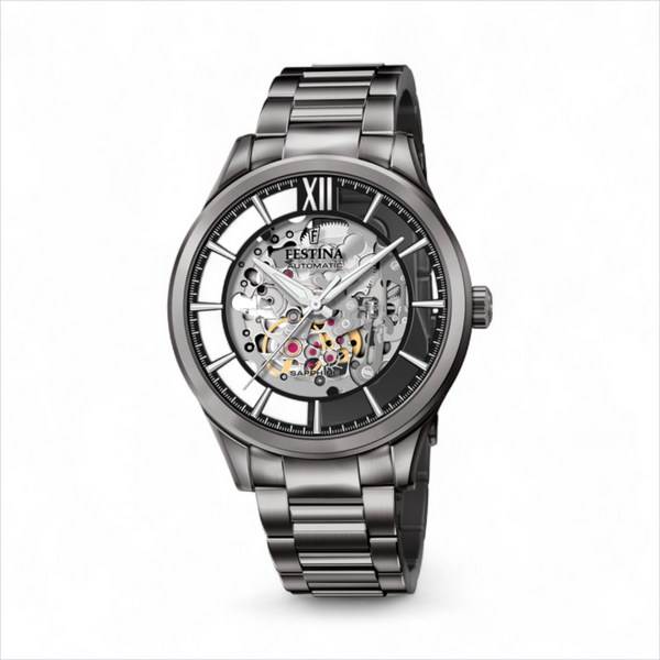 Festina men’s automatic skeleton watch with visible movement and stainless steel bracelet