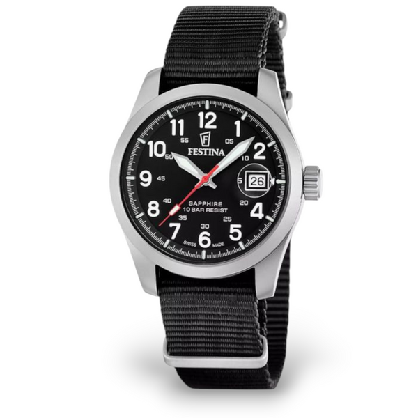 Festina Swiss made black field watch with 39mm stainless steel case black dial sapphire crystal and black NATO strap