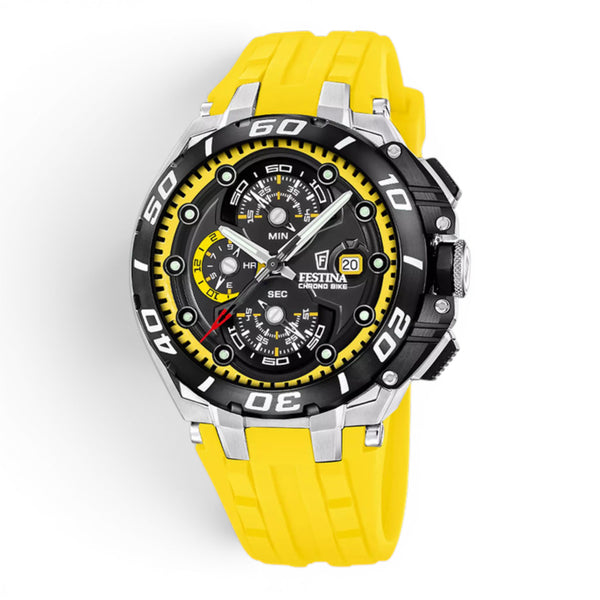 Festina Chrono Bike men's stainless steel watch with black chronograph dial and yellow silicone strap.