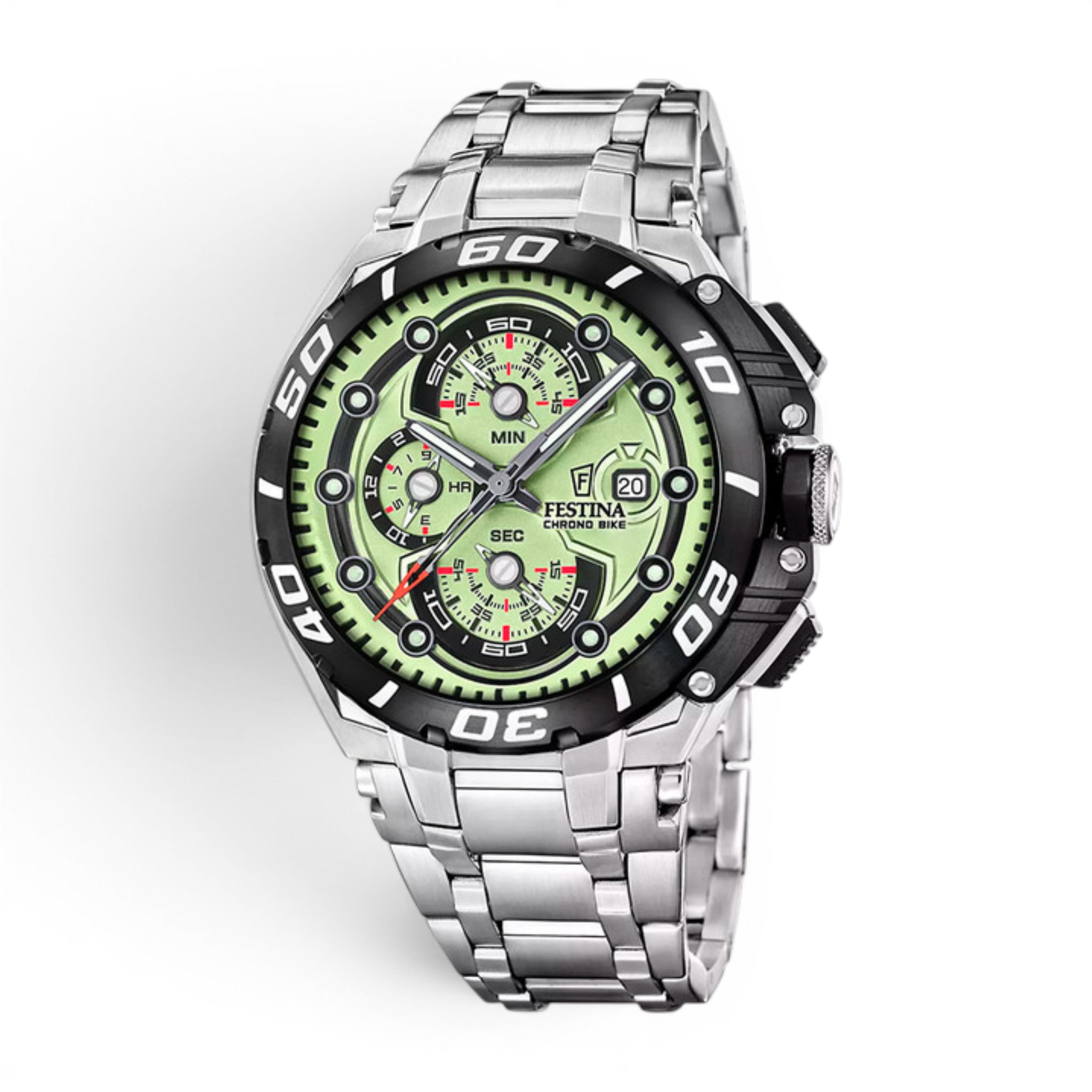 Festina Chrono Bike men's watch with green dial, stainless steel bracelet and chronograph functions.