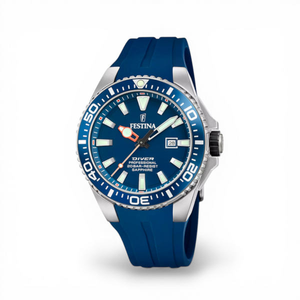 Festina men’s diver watch with blue dial stainless steel case and blue silicone strap