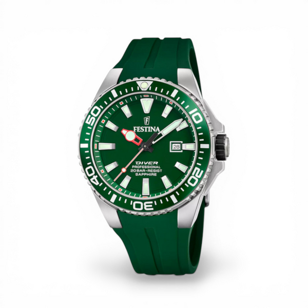 Festina men’s diver watch with green dial stainless steel case and green silicone strap white background