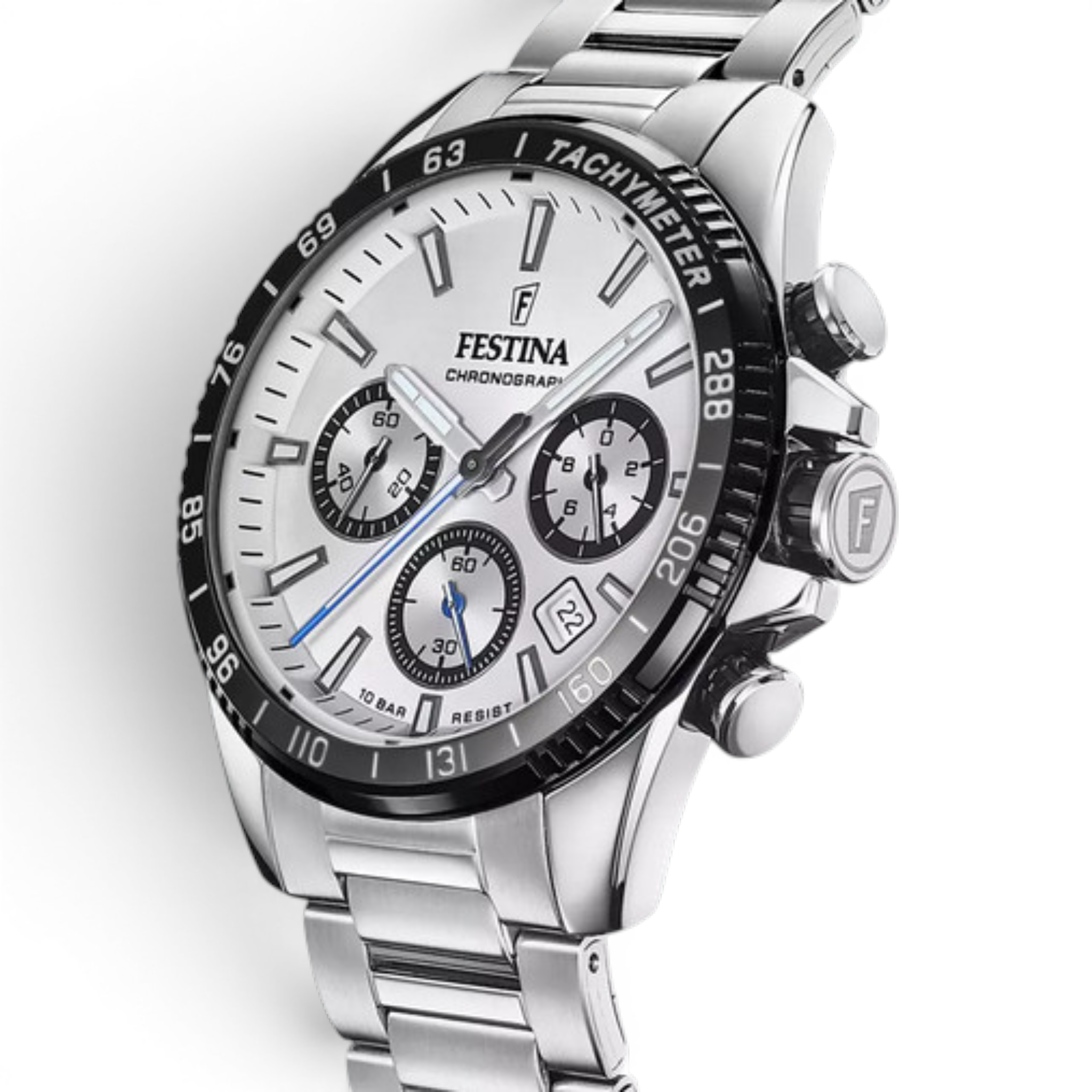 Festina F20560/1 men’s watch angled view showing stainless steel case and bracelet