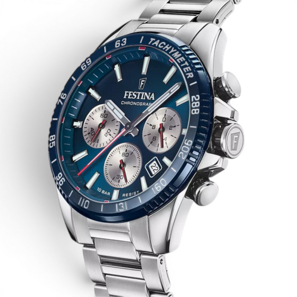 Festina F20560/2 men’s watch angled view showing stainless steel case and bracelet