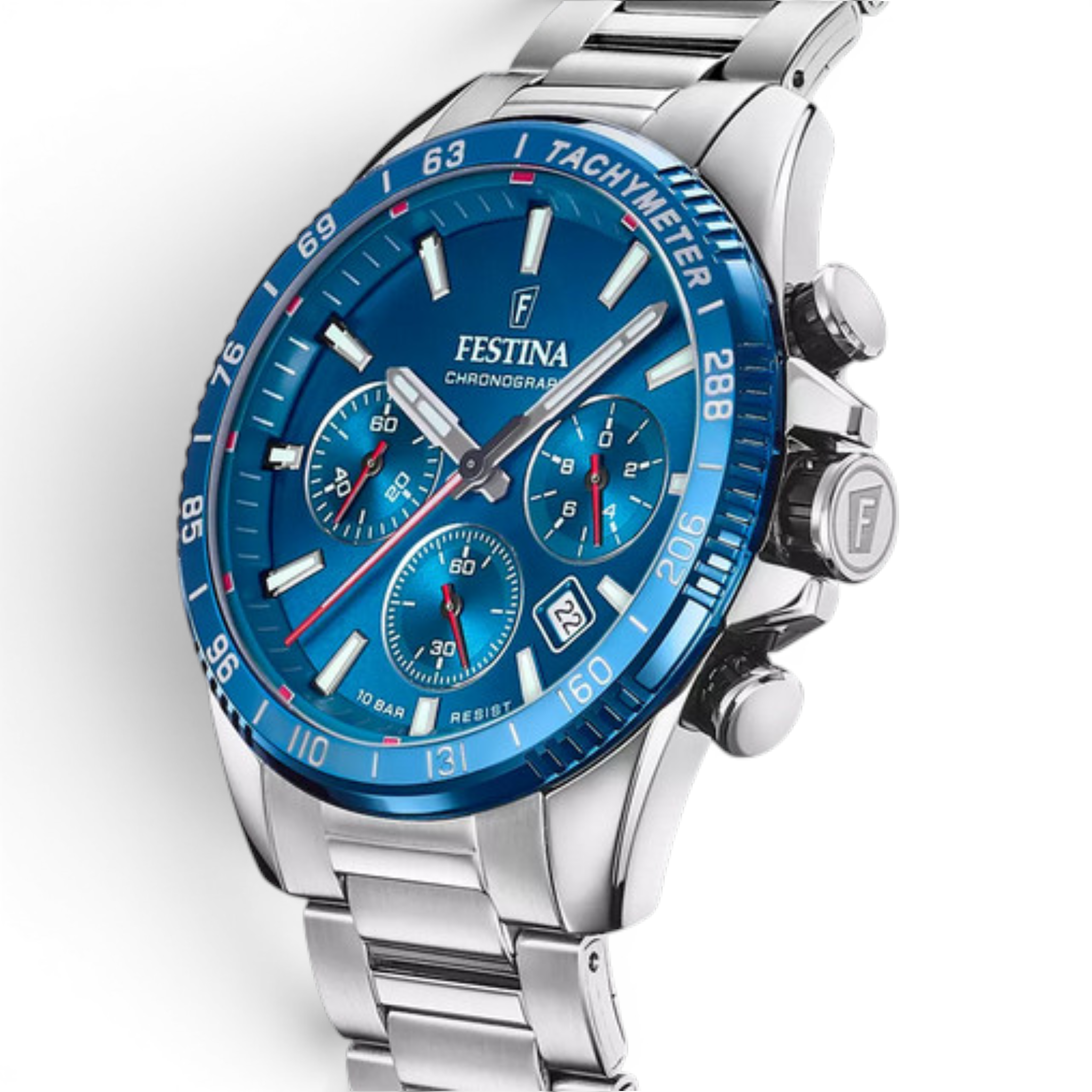 Festina F20560/3 men’s watch angled view showing stainless steel case and bracelet