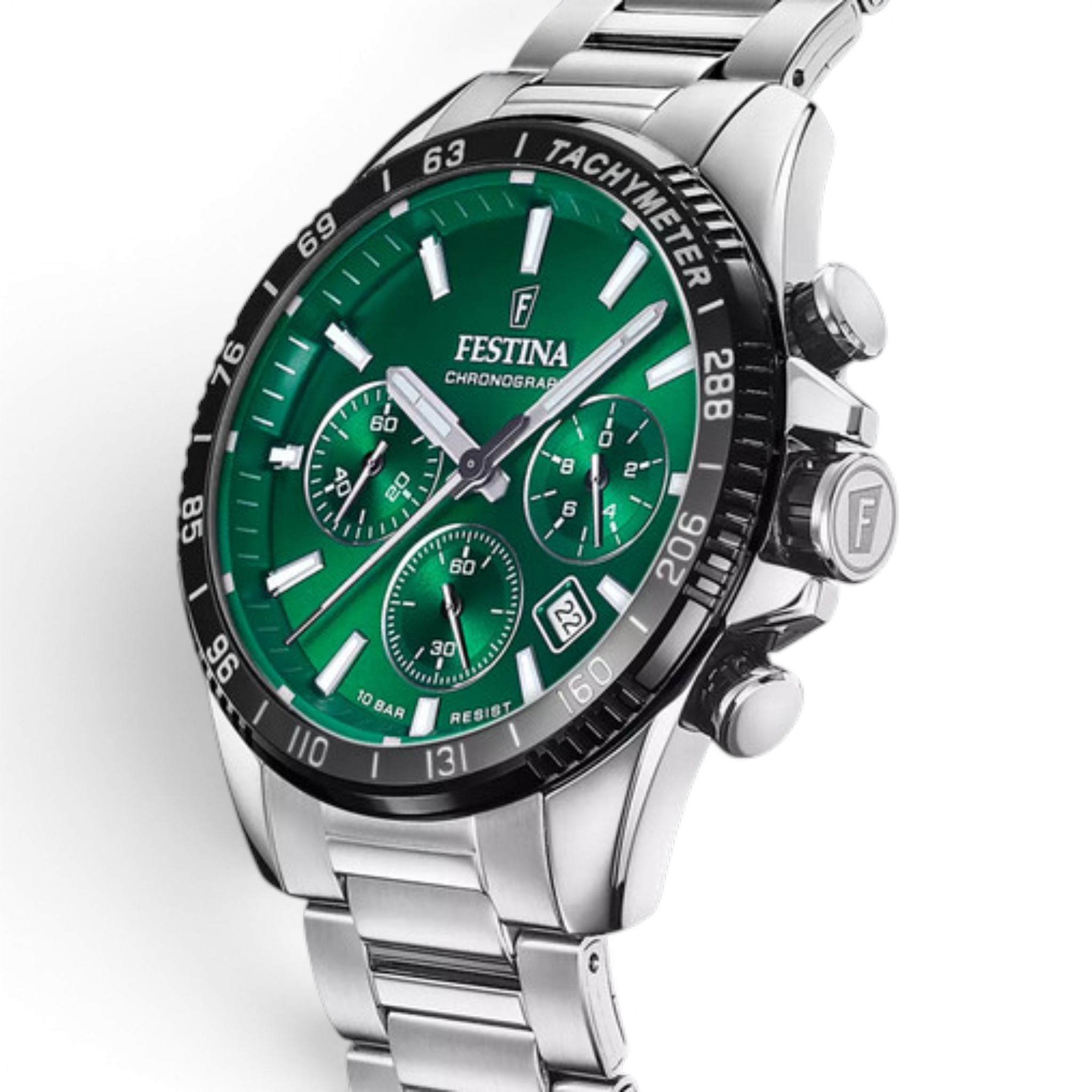Festina F20560/4 men’s watch angled view showing stainless steel case and bracelet