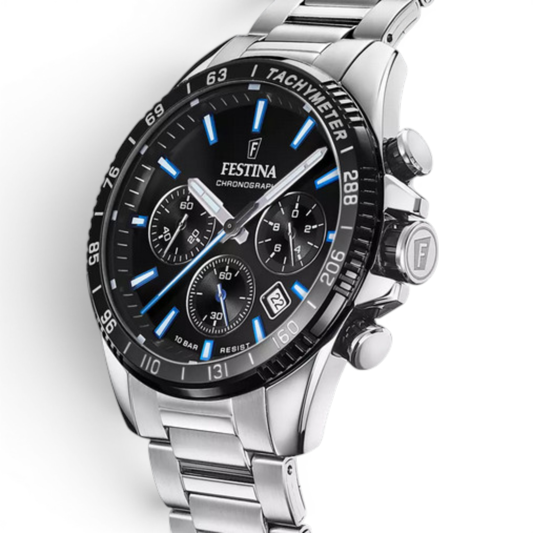 Festina F20560/5 men’s watch angled view showing stainless steel case and bracelet