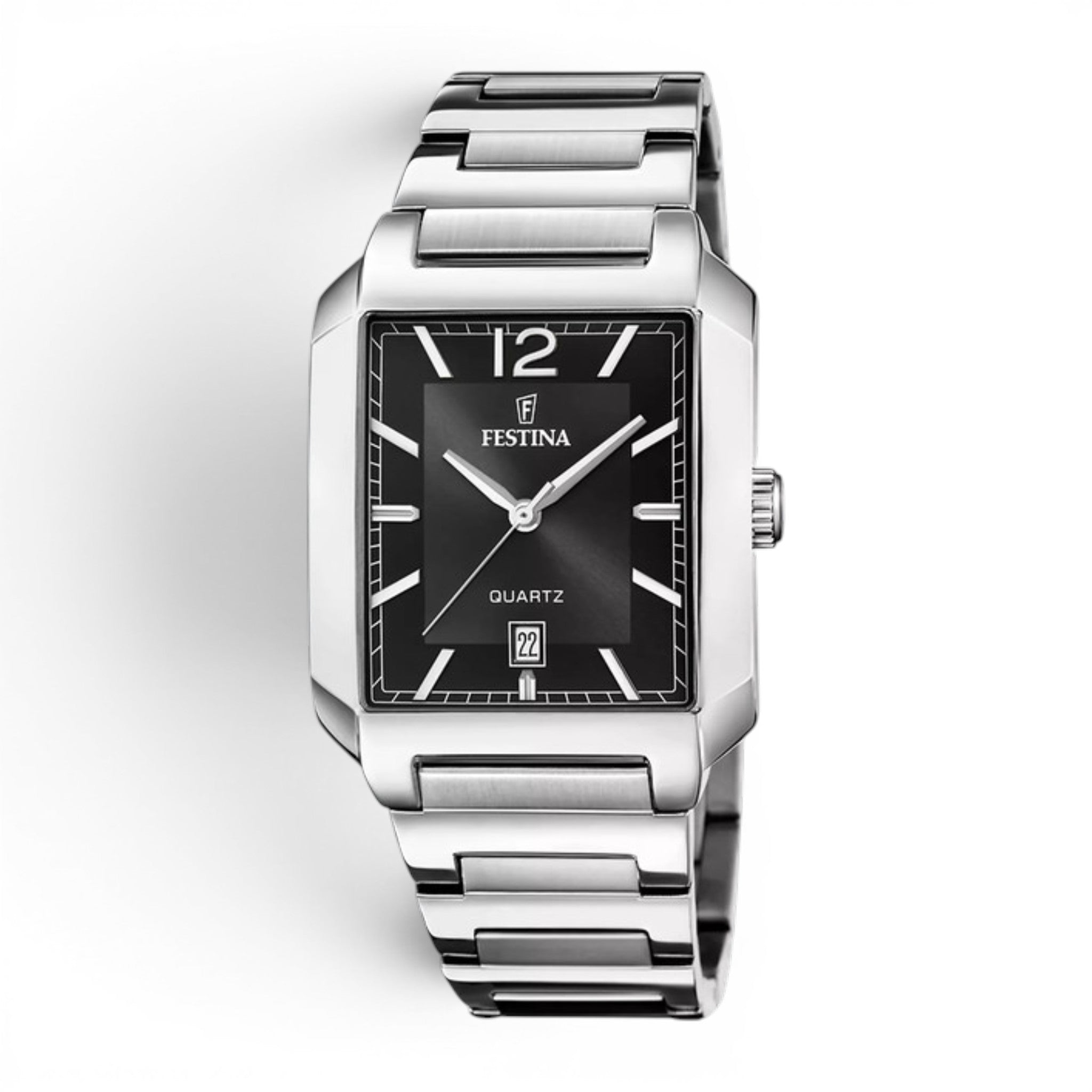 Festina On the Square men's stainless steel watch with black Roman numeral dial, date display and stainless steel bracelet.