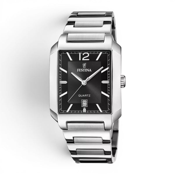 Festina On the Square men's stainless steel watch with black Roman numeral dial, date display and stainless steel bracelet.